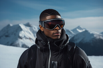 Fototapeta na wymiar Generative AI photography of happy man wear sunglasses spending weekend at ski resort winter holiday concept