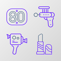 Set line Lipstick, Retro cinema camera, Ray gun and 80s icon. Vector