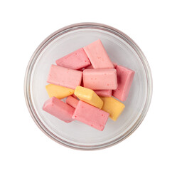 Fruit Chews Isolated, Pink Chewable Candies, Fruit Chew Candy Pile, Square Taffy, Colorful Gummy...