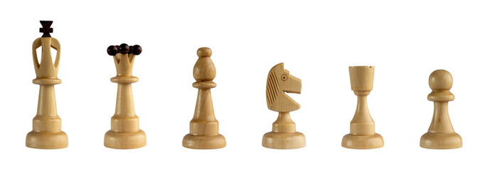 chess pieces isolated pawn queen king knight rook bishop white wooden chessman cut-out collage...