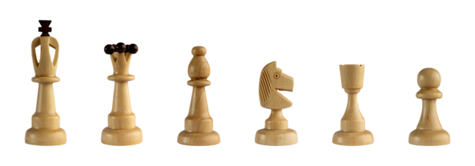 chess pieces isolated pawn queen king knight rook bishop white wooden chessman cut-out collage element on transparent background