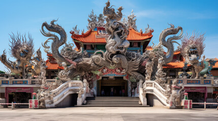Fototapeta na wymiar Chinese Temple Adorned with Majestic Dragons