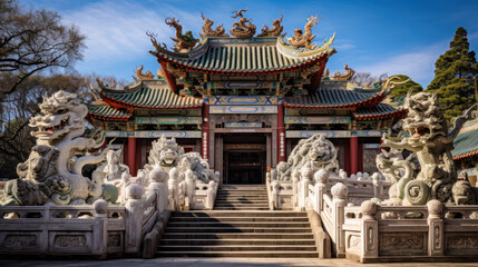 Fototapeta premium Chinese Temple Adorned with Majestic Dragons
