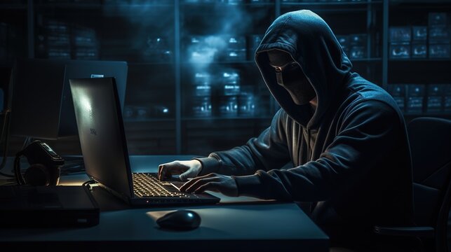 A man in a mask with a hood behind a laptop. Symbol of a group of hackers and anti-system uprisings against governments. Ai design