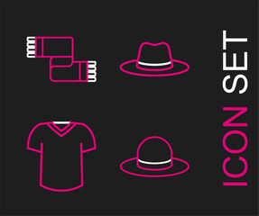 Set line Man hat, T-shirt, and Winter scarf icon. Vector