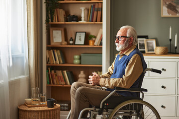 Elderly man sitting in wheelchair indoors, looking outside window
