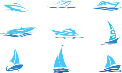 Fototapeta premium set of boat vector art designs, speed, speedboat, icon, vector, sea, set, boat, symbol, travel, icons, ship, illustration, sailboat, summer, sun, yacht, sign, ocean, sail, water, beach, design