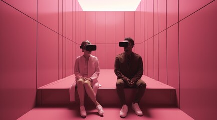 A man and woman wearing stylish clothing and footwear sit in a room filled with art and illuminated by a wall, each with virtual reality goggles obscuring their vision, evoking a sense of surrealism 