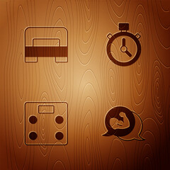 Set Bodybuilder muscle, Big bed, Bathroom scales and Stopwatch on wooden background. Vector