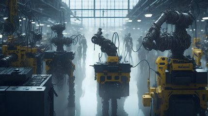 Portraying a bustling industrial factory floor where automated robots work in harmony with skilled technicians to manufacture intricate electronic devices using state-of-the-art assembly lines