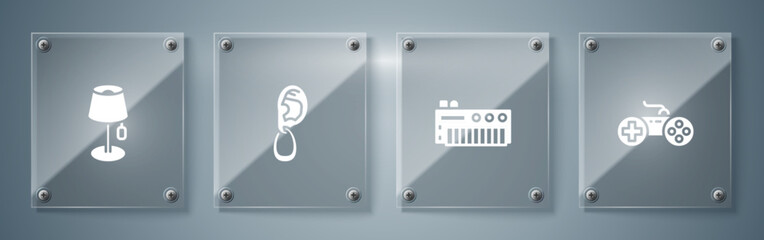 Set Gamepad, Music synthesizer, Ear with earring and Floor lamp. Square glass panels. Vector