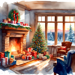 Room with Christmas tree, gifts and winter landscape. Generative AI.