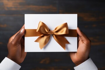 Black african american man holds a white paper giftbox with vivid brown ribbon bow in his hands. Valentine's Day, Christmas, new year, birthday or holiday concept. Happy Father's day