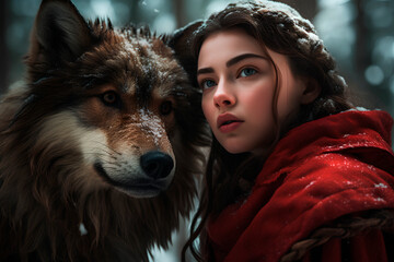 Little Red Riding Hood and a fierce wolf, captured amid the dazzling winter snow of a forest 