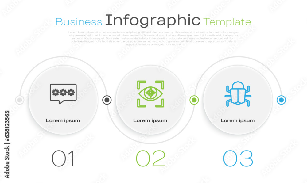 Sticker set line password protection, eye scan and system bug. business infographic template. vector