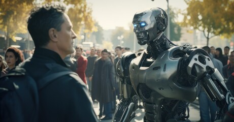 Fototapeta na wymiar Tense Standoff Between Humans and Robots in City Square