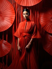 Moonlit Charm: Indian Beauty Among Elegant Red Lotus Leaves generative ai
