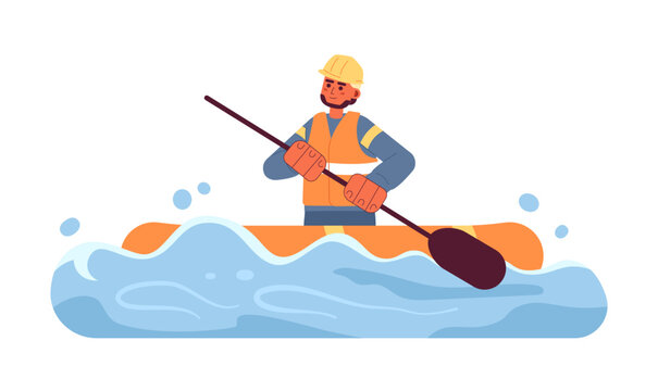 man paddling orange boat on blue water clip art preview