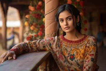 A beautiful Indian princess wearing a double-knitted sweater with a floral design poses candidly in...