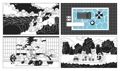 Fototapeta premium Kawaii animals black and white cute chill lo fi wallpapers set. Swimming pool linear 2D vector cartoon interior, landscape illustration, monochrome lofi anime background. Bw 90s kawaii aesthetic