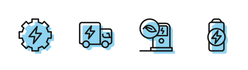 Set line Electric car charging station, Gear and lightning, truck and Battery charge icon. Vector