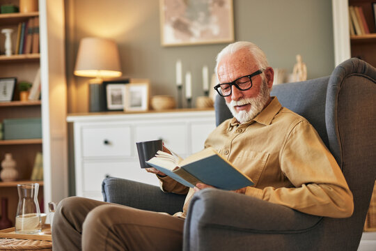 Elderly man sitting in armchair and reading a book at home