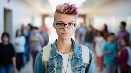 Non binary teen in school hallway with kids in background. Generative AI.