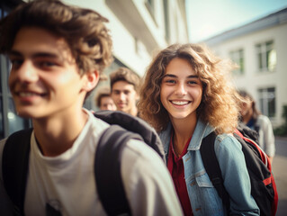 college students going back to school on sunny autumn day. Teenagers with backpacks on first day of school. Education for young people.