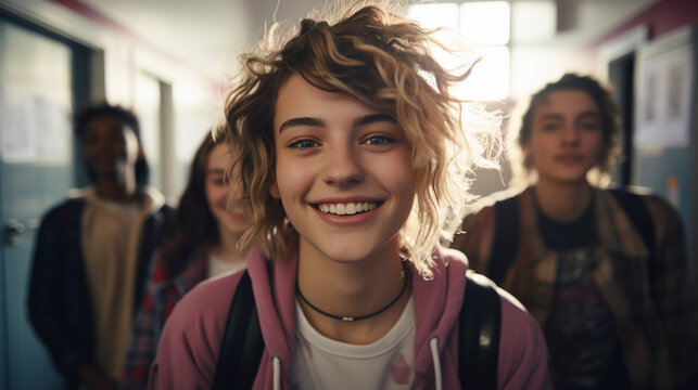 Non binary group of teens friends in school, Generative AI