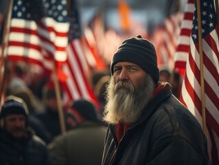 A veteran stands tall amidst a sea of United States flags, an embodiment of honor