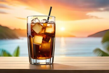 A glass with soda and ice cubes inside. Concept of freshness and flavor explosion. Created with generative Ai technology.