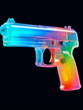Concept of plastic glass rainbow gun is a transparent case isometric, light magent and blue, 3d, rainbowcore, luminous 3d objects