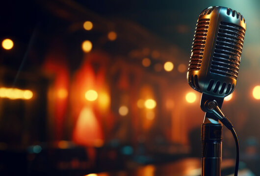 Karaoke Bar: A microphone with a subtle spotlight against a dark, muted stage. Wide format.