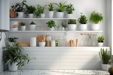 the interior of a white kitchen with green plants in white pots on white shelves