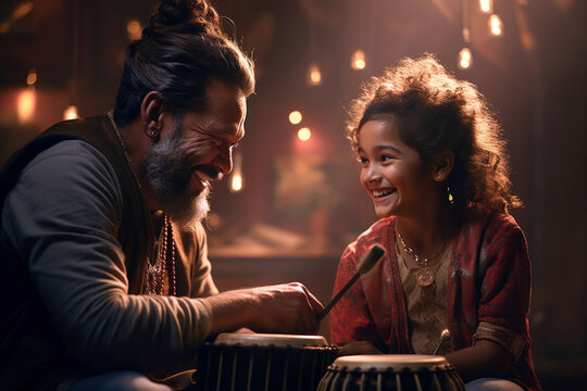 Uncle Teaches His South Asian Niece How To Play A Traditional Drum; She Shows Him A School Dance.