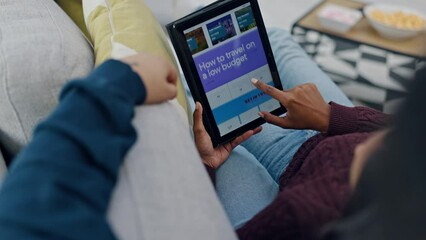 Couple hands, home and tablet for holiday planning, vacation budget, information and news or blog on screen. People on sofa scroll for travel agency FAQ, discount and reading website on digital tech