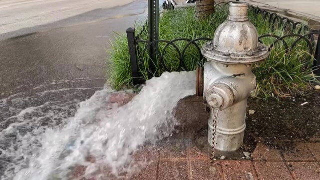 Slow motion of water gushing from open fire hydrant