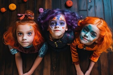 Naklejka premium Cheerful children at the holiday party, dressed in creative costumes and full of smiles, playfully embrace the spirit of Halloween.