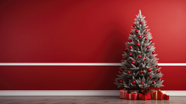 Empty solid colored wall in a christmas decorated living room. Christmas tree and gifts boxes. AI generated