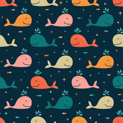 Seamless vector pattern cute smiling whales pink red beige boys textile underwater wallpaper