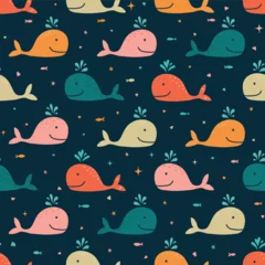 Deurstickers In de zee Seamless vector pattern cute smiling whales pink red beige boys textile underwater wallpaper