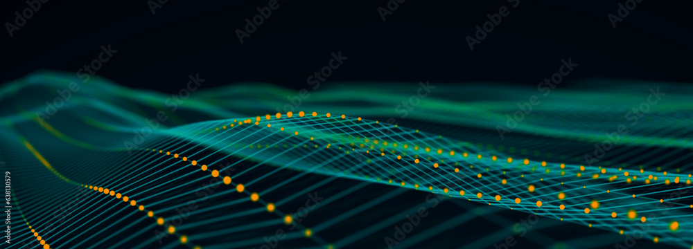Aufkleber Abstract flow of luminous particles on dark background. Movement of colored dots. Big data. 3D rendering. Widescreen