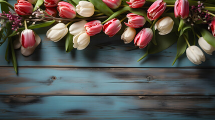Pink, red and white tulips on a wooden background. generative AI