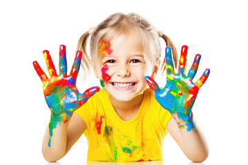 Smiling Little Blonde Girl with Colorful Painted Hands Isolated on White Background
