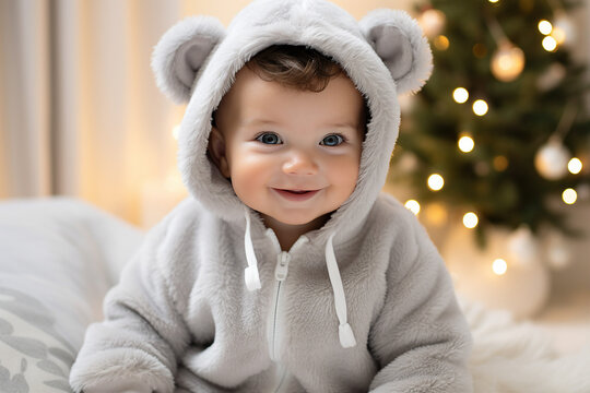 Generative AI picture cute adorable little baby toddler age wearing first christmas time sleeping costume