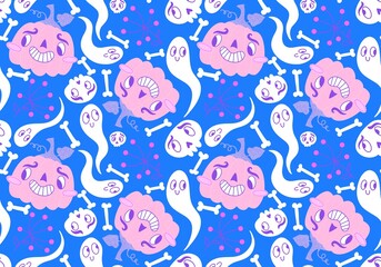 Halloween cartoon pumpkins seamless ghost and skulls pattern for wrapping paper and fabrics and kids clothes print