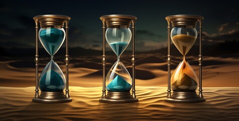 Hourglass in sand desert. 3d illustration. Time concept.