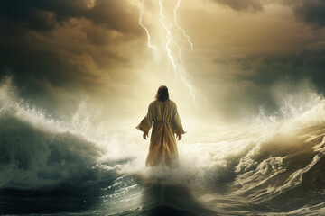 Figure of Jesus walks on water separate waters beautiful dramatic sunset generative ai picture