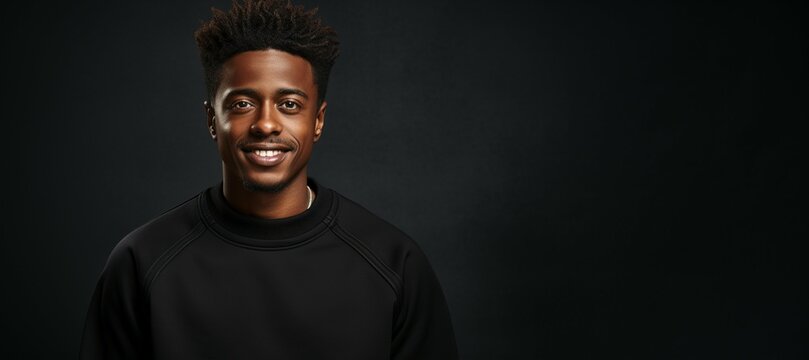 a young handsome black man wearing a black pullover mockup in a studio, at white background, presentation mock-up