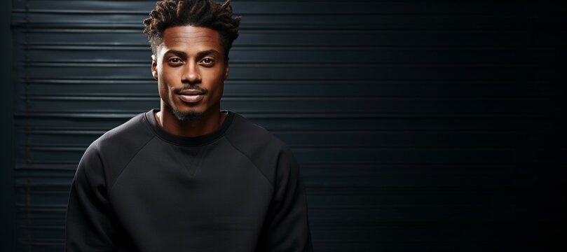 a young handsome black man wearing a black pullover mockup in a studio, at white background, presentation mock-up